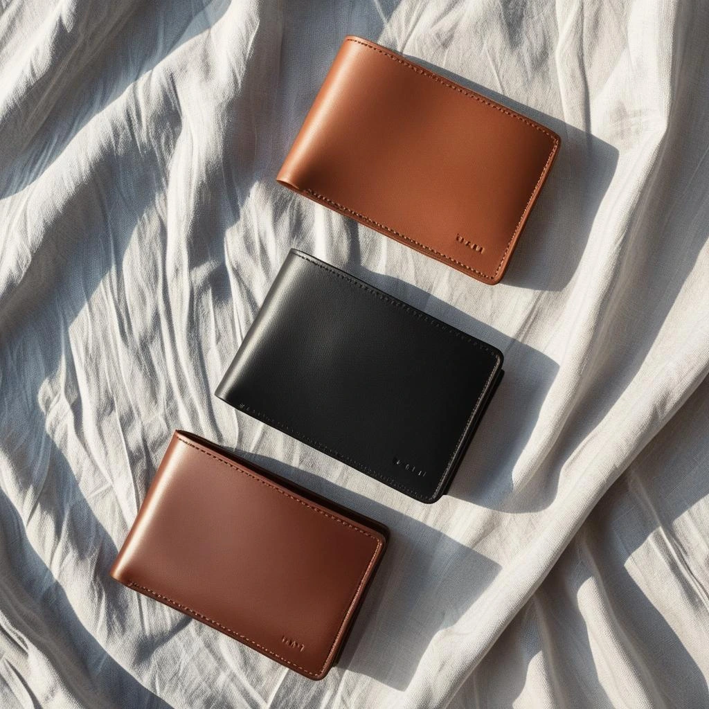 Slim leather wallet in tan color, one of the must-have accessories for men in 2025.