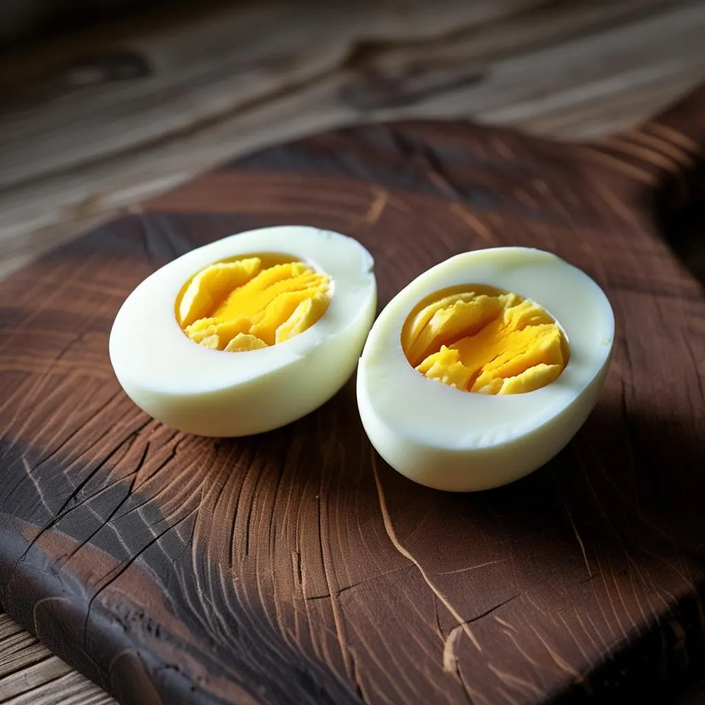 Sliced hard-boiled eggs on a board – simple and quick healthy snacks for men needing a protein boost.