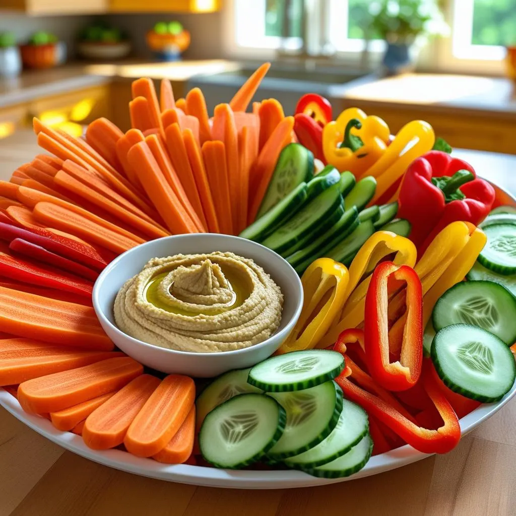  Colorful veggie sticks with hummus – a crunchy and tasty choice among healthy snacks for men.