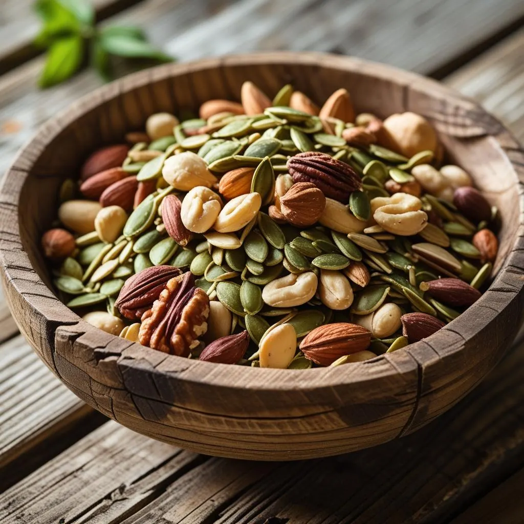 Bowl of mixed nuts and seeds – a great example of healthy snacks for men to boost energy during busy days.