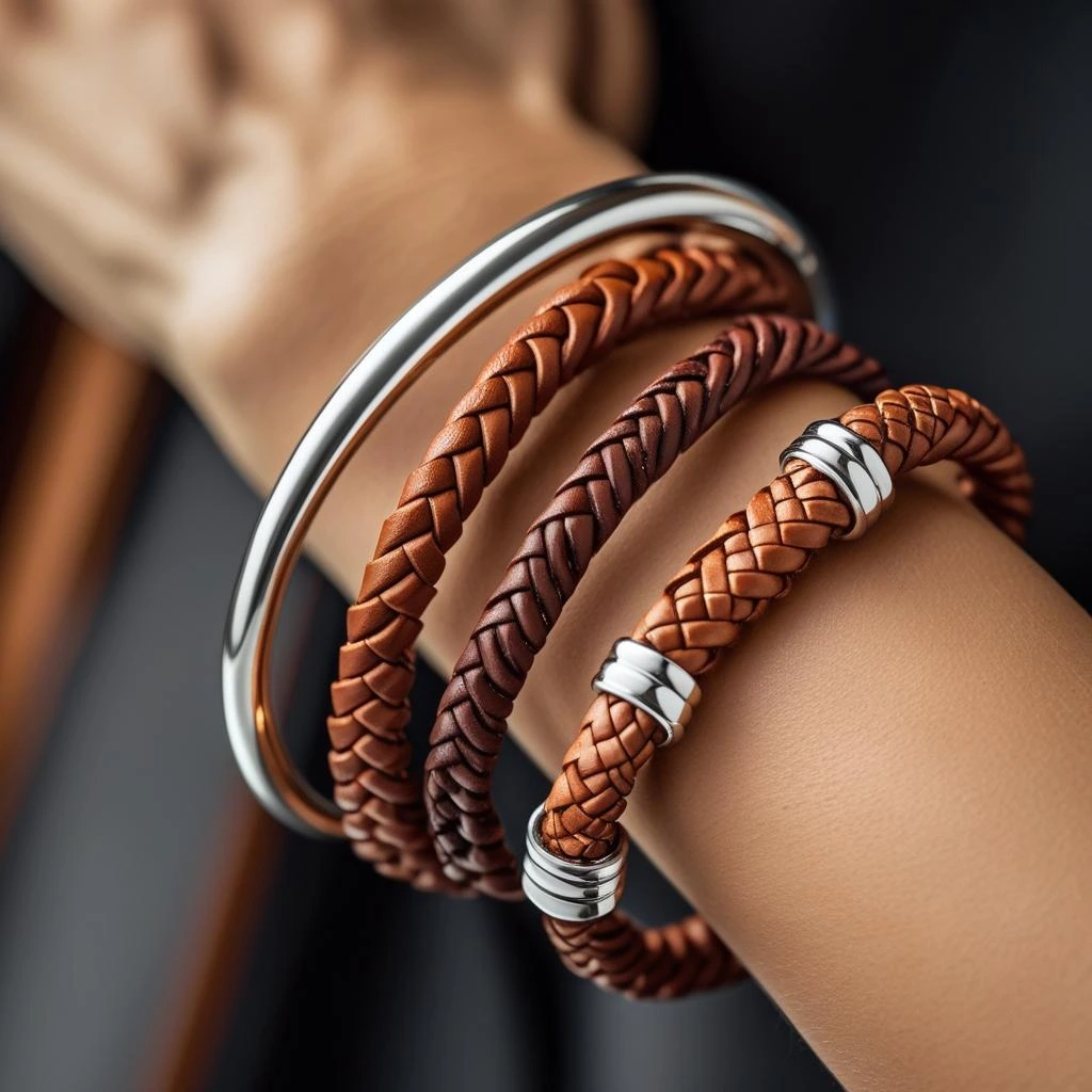 Layered leather and bead bracelets on a wrist, from the list of must-have accessories for men in 2025.