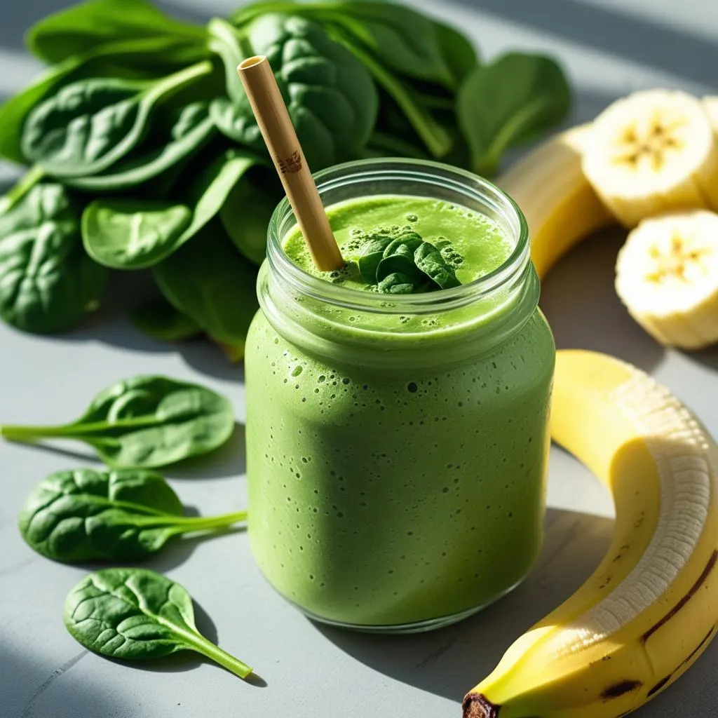 Green smoothie in a jar – a refreshing and powerful option in healthy snacks for men on the go.