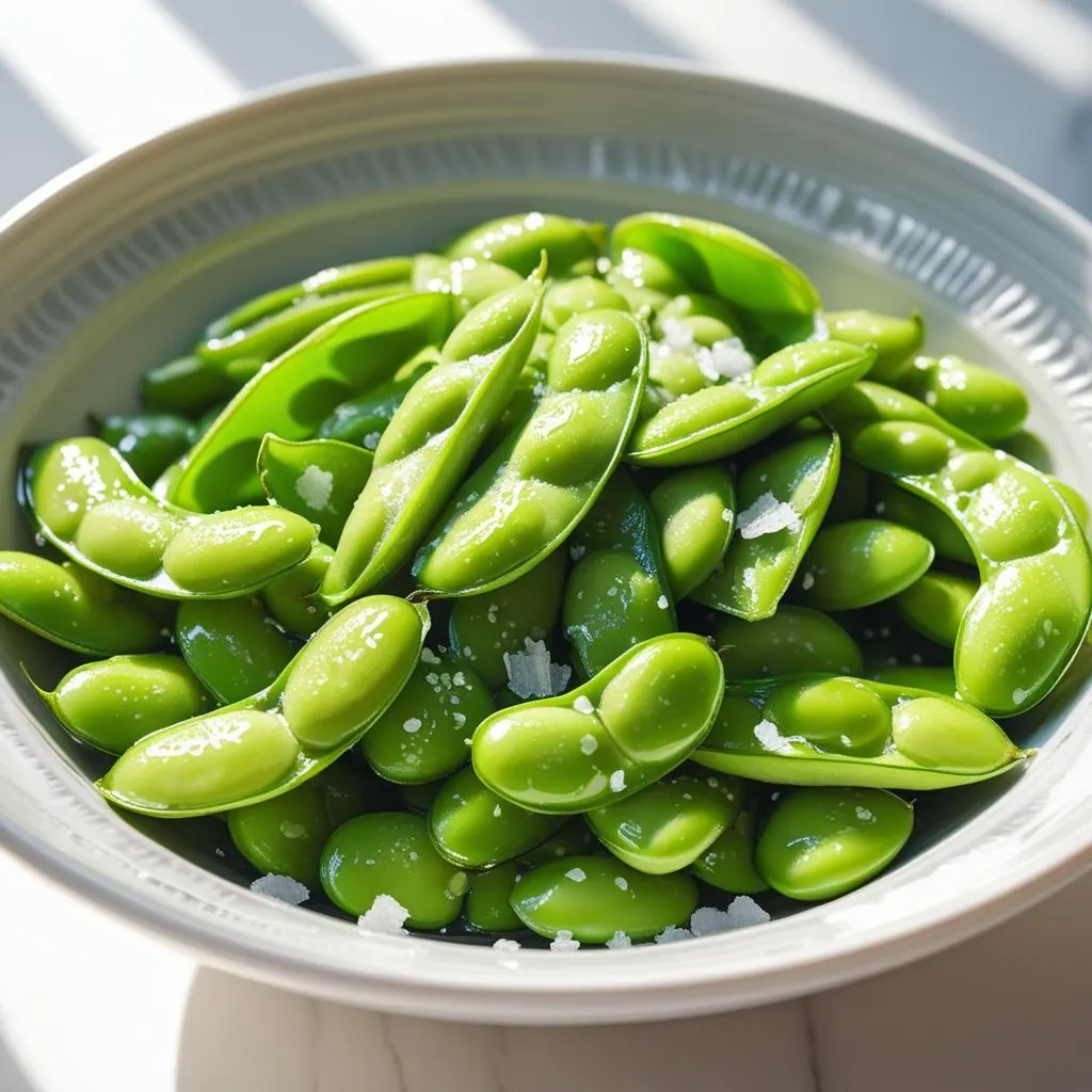 Bowl of steamed edamame – an excellent plant-based protein source among healthy snacks for men.