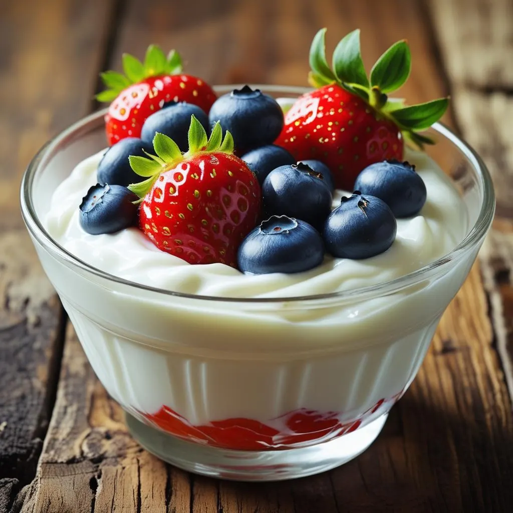 Greek yogurt topped with berries – one of the best healthy snacks for men looking for protein and antioxidants.