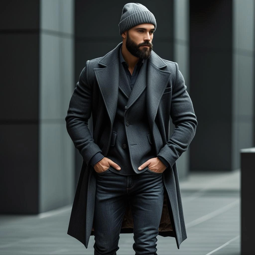 Modern man wearing a wool beanie in a winter outfit, highlighting must-have accessories for men in 2025.