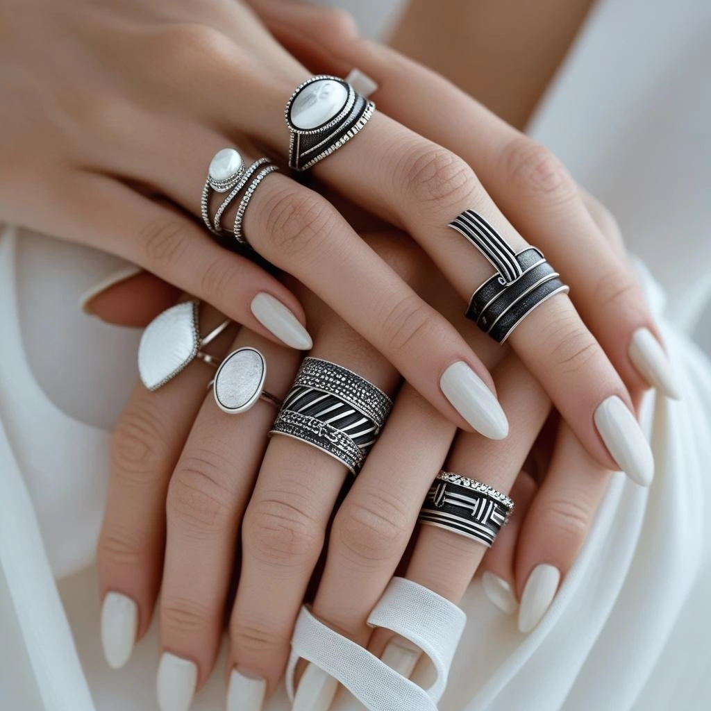 Man's hand wearing silver statement rings, showing must-have accessories for men in 2025.