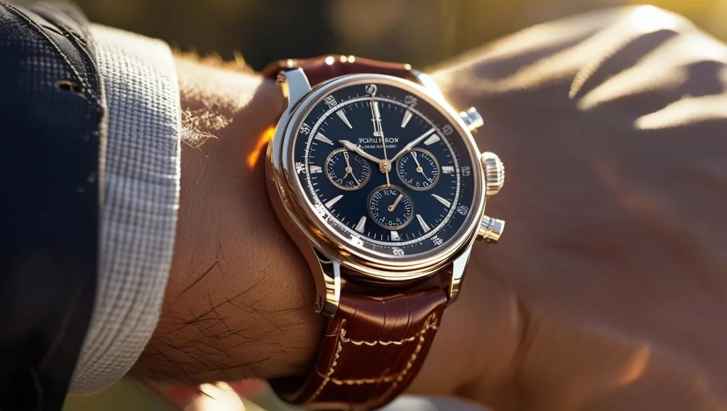Analog watches for men with leather straps displayed on a wooden table
