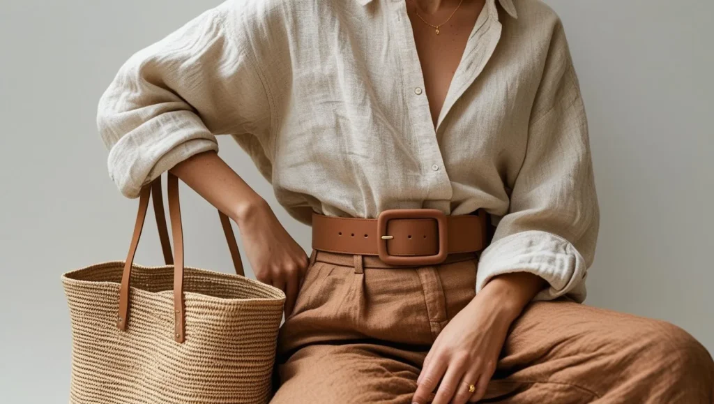 Eco-friendly vegan leather belt styled with a neutral-toned outfit, featured among the best belt styles for men