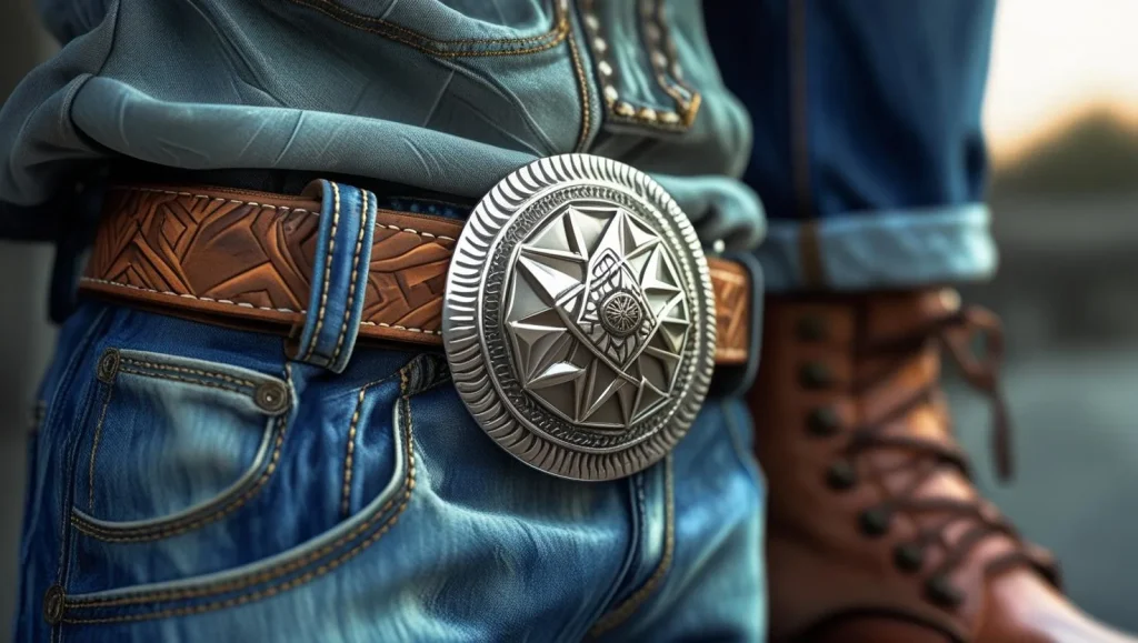 Statement buckle belt worn with denim jeans to add bold detail to the best belt styles for men in 2025
