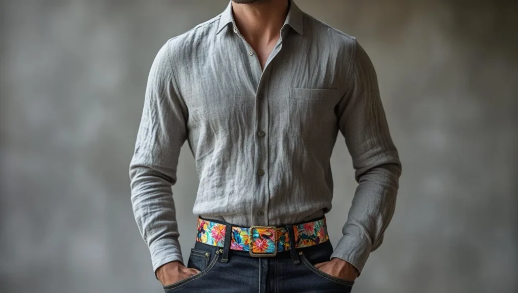 Printed floral belt paired with a plain outfit to add a fun twist in the best belt styles for men this season