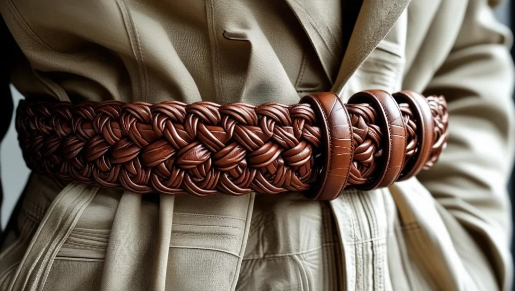 Close-up of brown braided leather belt, featured as one of the best belt styles for men in 2025