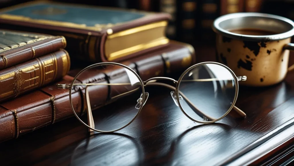 Vintage-inspired round metal glasses for men on a wooden desk