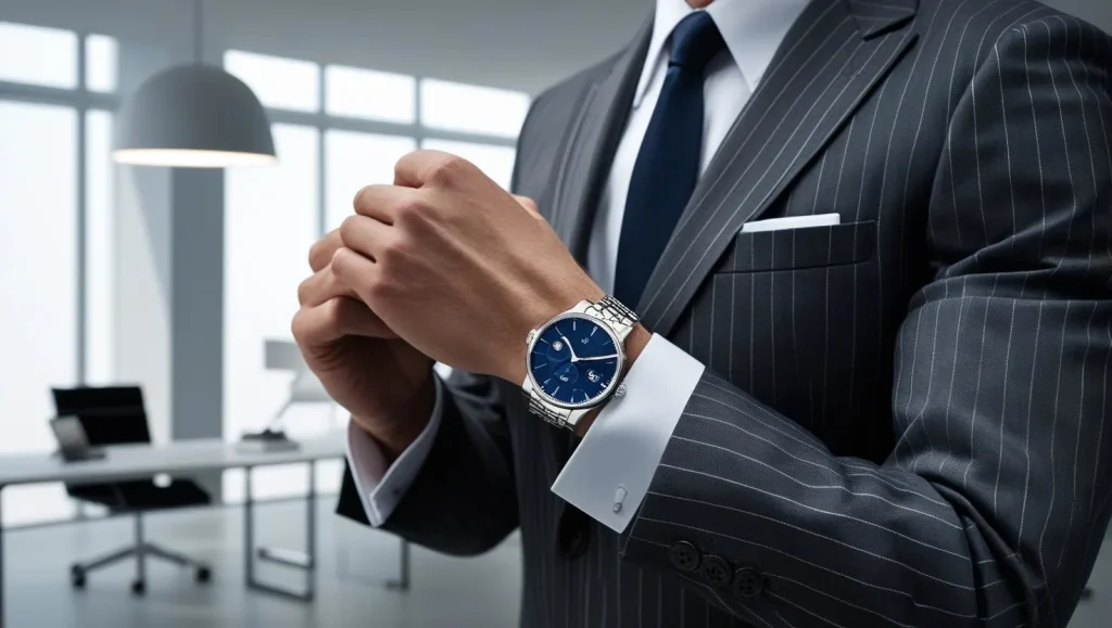 A businessman wearing analog watches for men during a meeting

