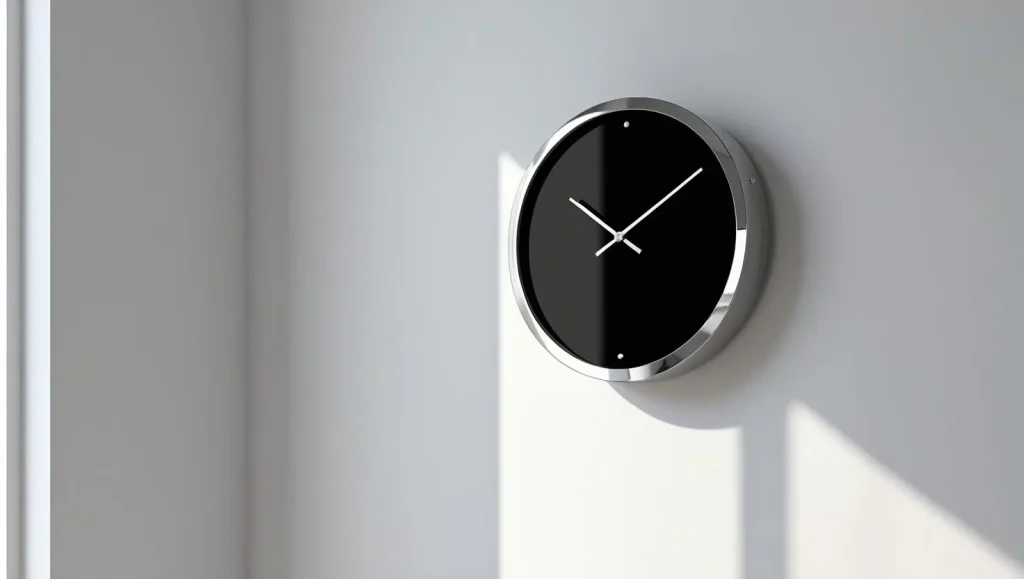 Modern silver wall watch in a gentleman’s space

