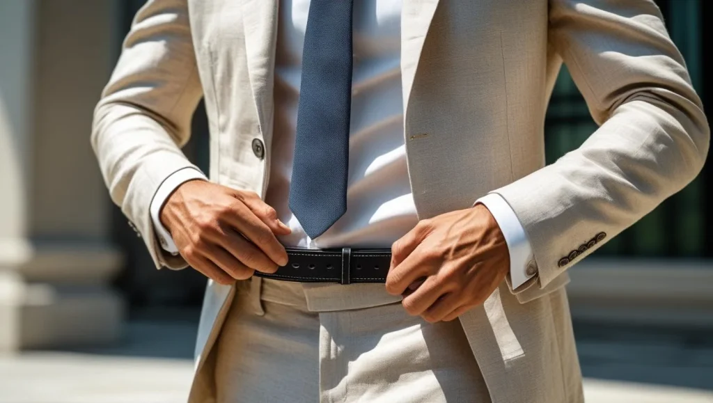 Slim black leather belt worn with a light summer suit showcasing formal options among the best belt styles for men