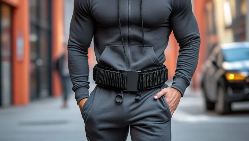 Streetwear outfit featuring black webbed military belt included in the best belt styles for men for casual looks