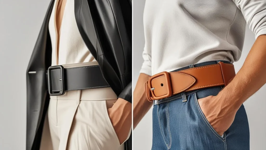 Reversible leather belt in tan and black colors, offering versatile fashion from the best belt styles for men