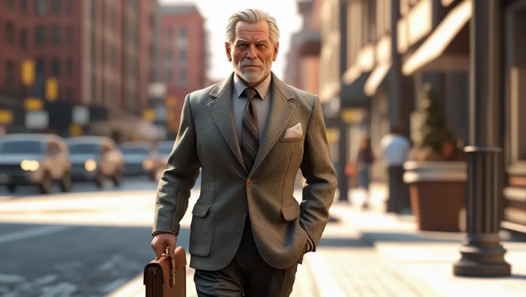Confident older man walking down the street with style, showcasing Why Some Men Age Like Fine Wine through self-assurance and maturity.