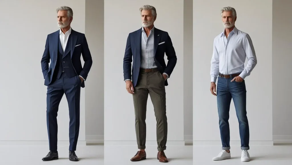 Timeless fashion pieces like blazers and dark denim that explain Why Some Men Age Like Fine Wine by embracing classic style.