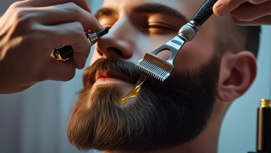 Man grooming his beard at a barbershop, capturing Why Some Men Age Like Fine Wine through modern grooming habits.


