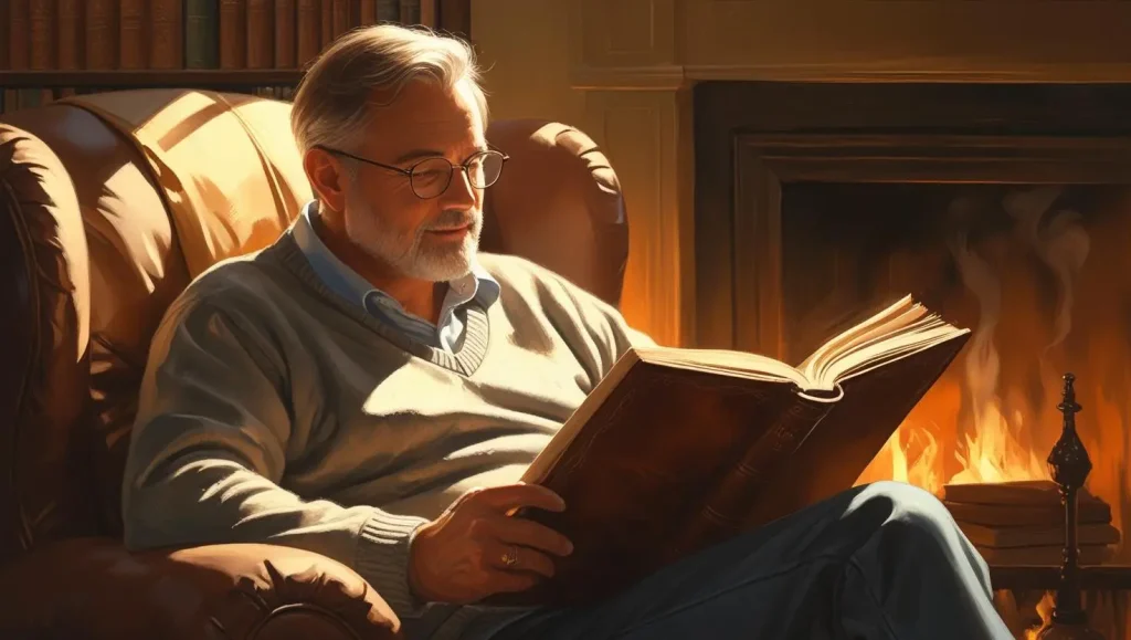 Mature man reading a book in a peaceful space, symbolizing Why Some Men Age Like Fine Wine through personal growth and wisdom.