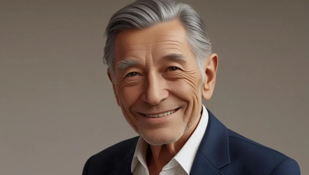 Grey-haired man smiling confidently, demonstrating Why Some Men Age Like Fine Wine with age-positive confidence and charm.