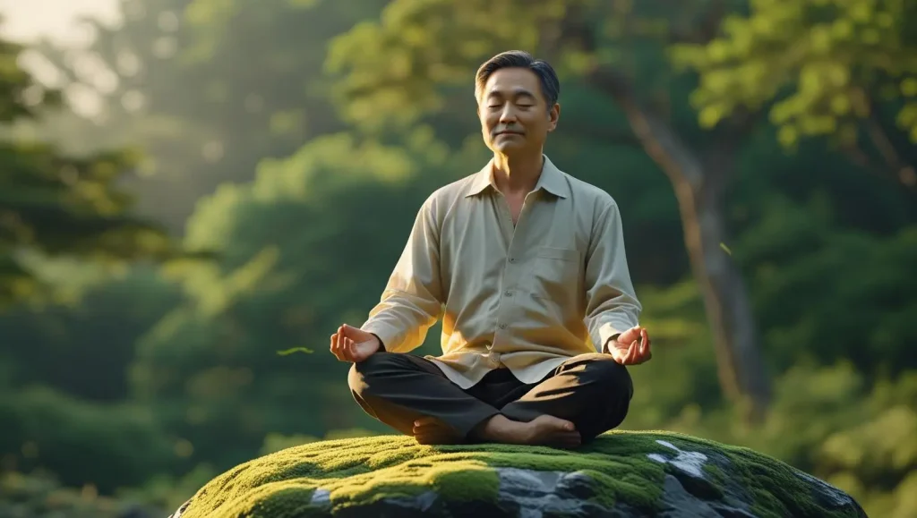 Mature man meditating outdoors, showing Why Some Men Age Like Fine Wine through inner peace and emotional intelligence.

